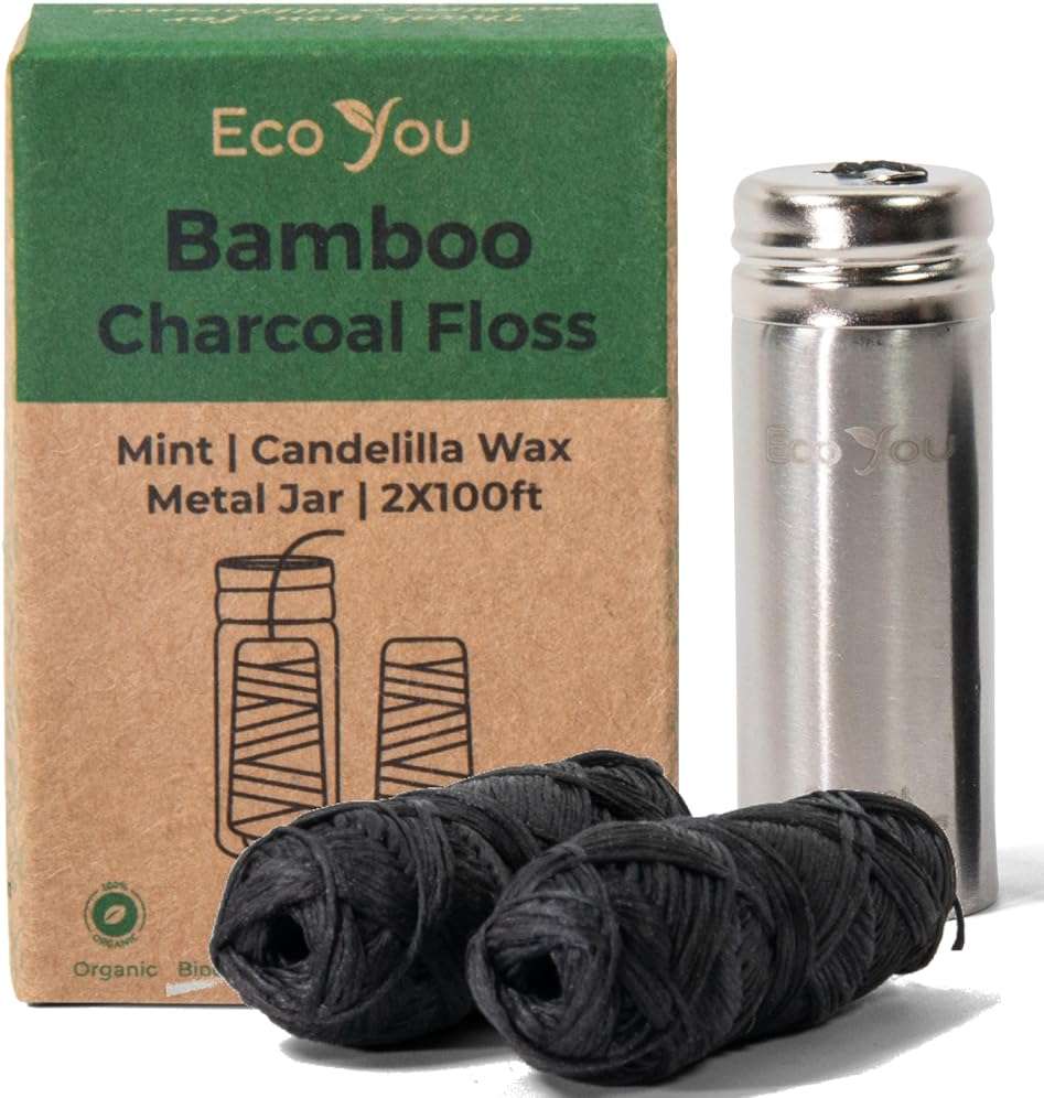 EcoYou Charcoal Bamboo Floss | 2 Non Toxic Natural Floss Refill with Metal Container | Organic Mint & Candelilla Wax | Vegan & Biodegradable | Compatible w/Similar Dental Floss Silk Refill Containers - Image 1