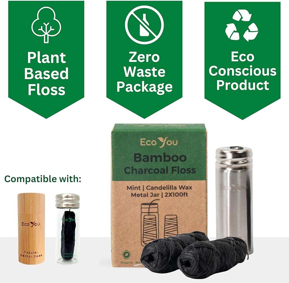 EcoYou Charcoal Bamboo Floss | 2 Non Toxic Natural Floss Refill with Metal Container | Organic Mint & Candelilla Wax | Vegan & Biodegradable | Compatible w/Similar Dental Floss Silk Refill Containers - Image 2