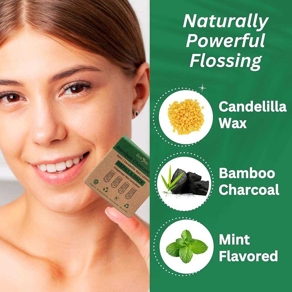 EcoYou Charcoal Bamboo Floss | 2 Non Toxic Natural Floss Refill with Metal Container | Organic Mint & Candelilla Wax | Vegan & Biodegradable | Compatible w/Similar Dental Floss Silk Refill Containers - Image 3