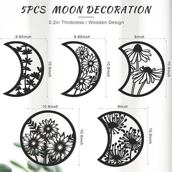 Jetec 5 Pcs Moon Phase Wall Art Decor Wall Pediments Hanging Wooden Phase Spiritual Bedroom Nordic Boho Lunar Aesthetic Art for Living Room Dorm Apartment Ornament (Black) - Image 2