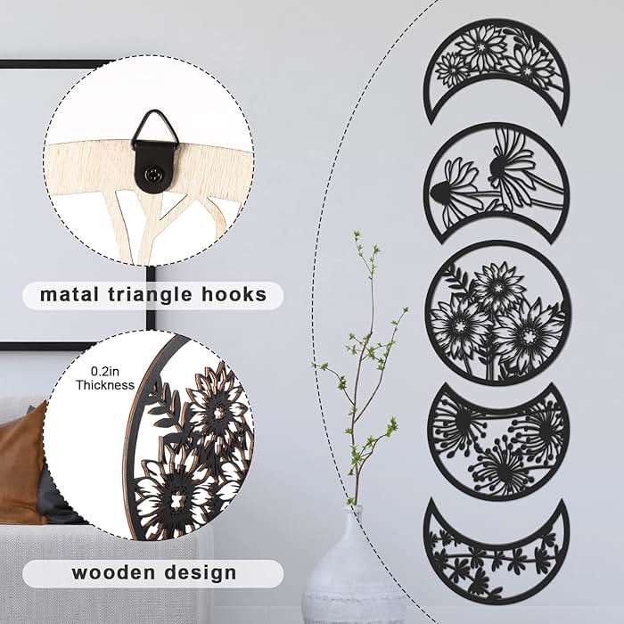 Jetec 5 Pcs Moon Phase Wall Art Decor Wall Pediments Hanging Wooden Phase Spiritual Bedroom Nordic Boho Lunar Aesthetic Art for Living Room Dorm Apartment Ornament (Black) - Image 3