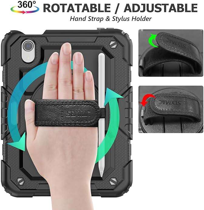 SEYMAC stock Case for iPad mini 7 (A17 Pro) 2024/ Mini 6 8.3'' with Screen Protector Pencil Holder [360 Rotating Hand Strap] &Stand, Drop-Proof Case for iPad mini 7th/6th Generation 8.3", Black - Image 2