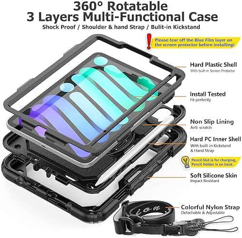 SEYMAC stock Case for iPad mini 7 (A17 Pro) 2024/ Mini 6 8.3'' with Screen Protector Pencil Holder [360 Rotating Hand Strap] &Stand, Drop-Proof Case for iPad mini 7th/6th Generation 8.3", Black - Image 6