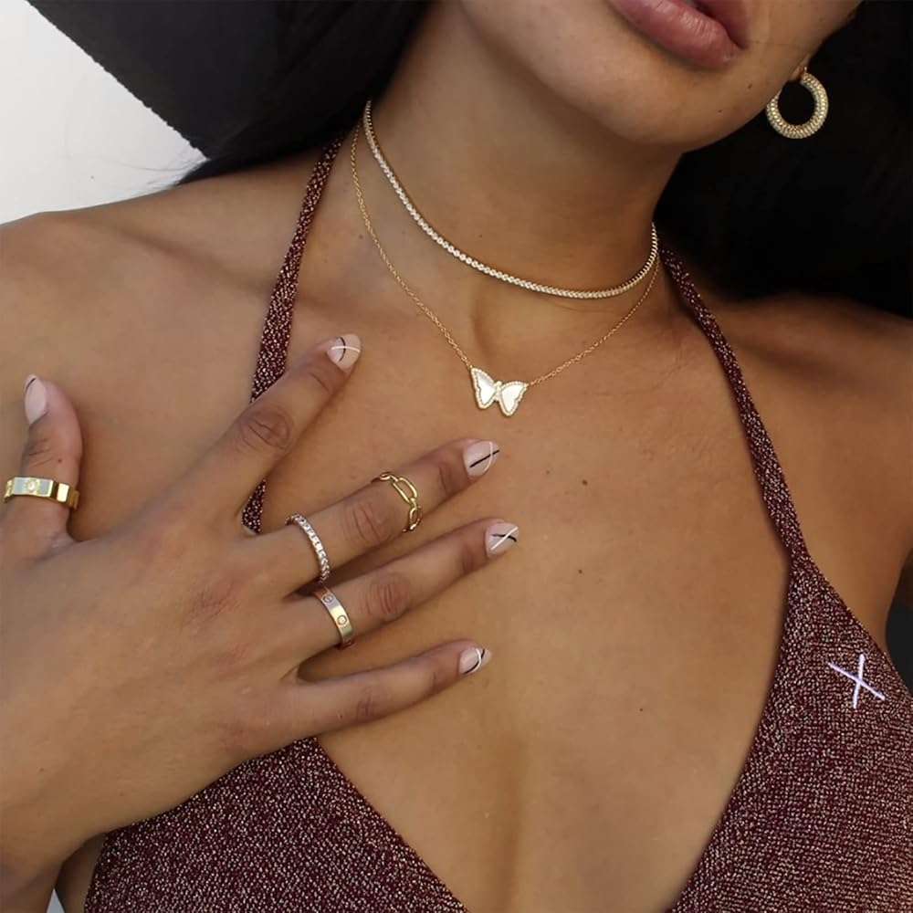 Luxval Tennis Necklace 14K Gold Plated Rhinestone Butterfly Choker Necklaces for women Dainty Zirconia Cut Faux Diamond chain 3mm - Image 3