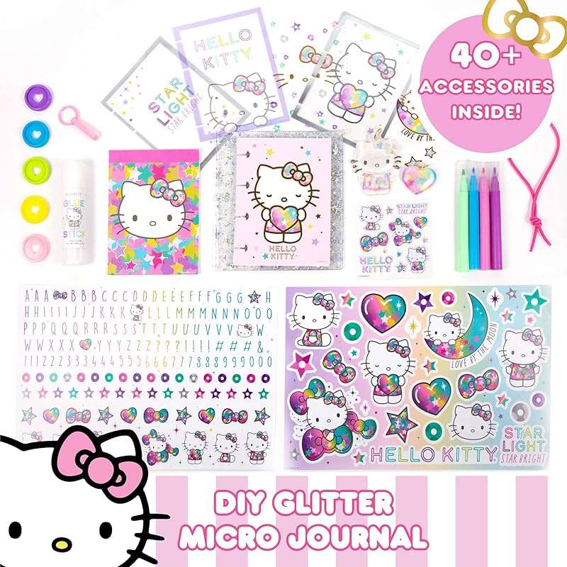 Hello Kitty DIY Glitter Micro Journal by Horizon Group USA, 40+ Stationery Accessories Including Hello Kitty Stickers, Surprise Keychain, Interchangeable Binder Discs, Squishy Glitter Cover & More - Image 3