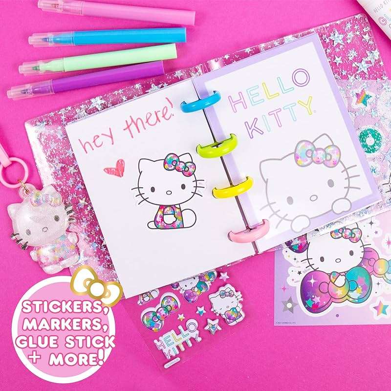 Hello Kitty DIY Glitter Micro Journal by Horizon Group USA, 40+ Stationery Accessories Including Hello Kitty Stickers, Surprise Keychain, Interchangeable Binder Discs, Squishy Glitter Cover & More - Image 4