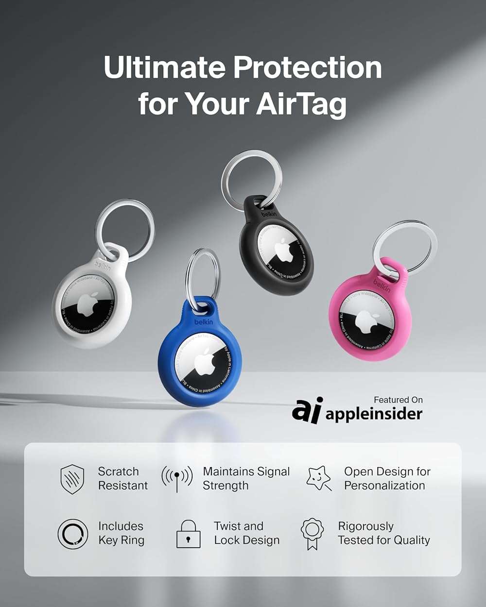 Belkin Apple AirTag Secure Holder with Key Ring - Durable Scratch Resistant Case With Open Face & Raised Edges - Protective AirTag Keychain Accessory For Keys, Pets, Luggage, Backpacks -2 Count Black - Image 2