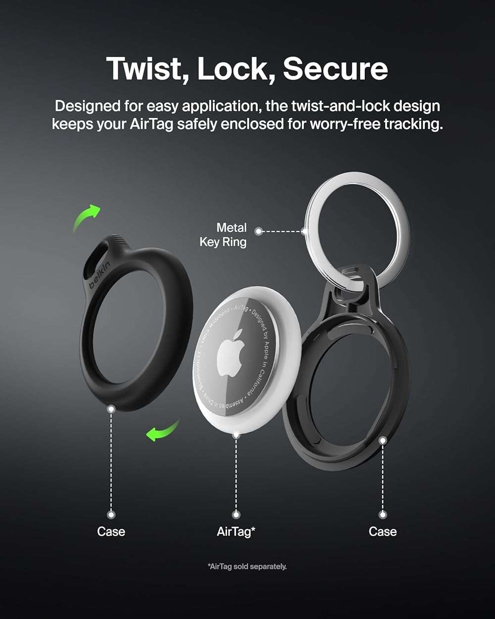 Belkin Apple AirTag Secure Holder with Key Ring - Durable Scratch Resistant Case With Open Face & Raised Edges - Protective AirTag Keychain Accessory For Keys, Pets, Luggage, Backpacks -2 Count Black - Image 4