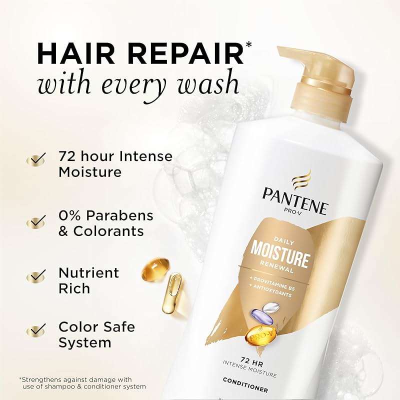 Pantene Conditioner, Daily Moisture Renewal - Pro-V Nutrients for Dry, Color-Treated, Straight to Curly Hair, 72-Hour Hydration & Softness, 25.1 Oz Each, 2-Pack + Miracle Rescue Shot (0.5 Oz) - Image 2