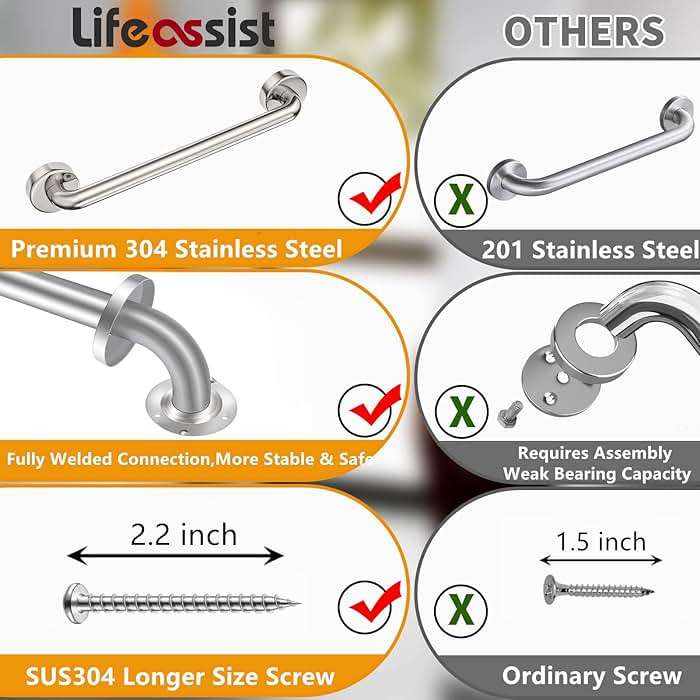 18 Inch Shower Grab Bar 2 Pack Brushed Nickel SUS304 Safety Bathroom Grab Bars with Concealed Screws, 500lbs Support Assist Bath Handle Balance Bar for Handicap Elderly Pregnant - Image 3