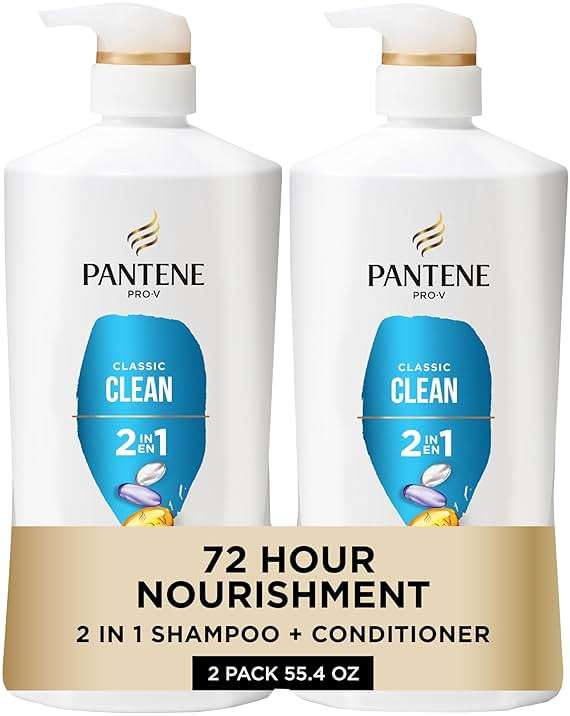 Pantene 2-in-1 Shampoo & Conditioner, Classic Clean - Pro-V Nutrients for Dry, Color-Treated Hair, Healthy Looking Hair Every Wash, Antioxidant-Rich, 27.7 Oz Each, 2-Pack + Rescue Shot (0.5 Oz) - Image 1