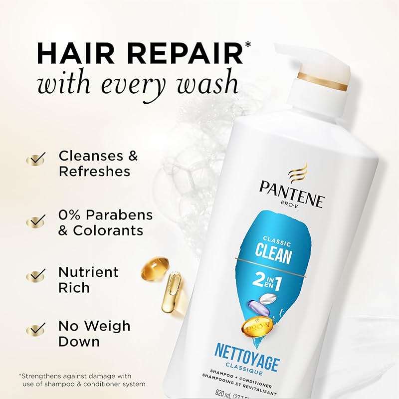 Pantene 2-in-1 Shampoo & Conditioner, Classic Clean - Pro-V Nutrients for Dry, Color-Treated Hair, Healthy Looking Hair Every Wash, Antioxidant-Rich, 27.7 Oz Each, 2-Pack + Rescue Shot (0.5 Oz) - Image 2