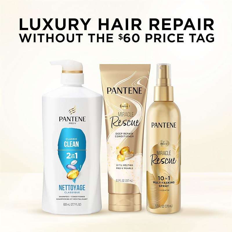 Pantene 2-in-1 Shampoo & Conditioner, Classic Clean - Pro-V Nutrients for Dry, Color-Treated Hair, Healthy Looking Hair Every Wash, Antioxidant-Rich, 27.7 Oz Each, 2-Pack + Rescue Shot (0.5 Oz) - Image 7