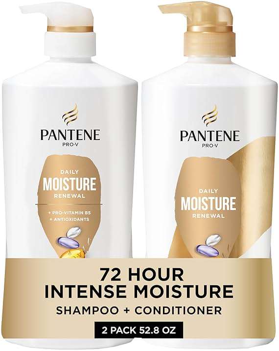 Pantene Shampoo & Conditioner Set, Daily Moisture Renewal - Pro-V Nutrients for Dry, Color-Treated, Straight to Curly Hair, 72-Hour Hydration & Softness, 52.8 Oz Total + Miracle Rescue Shot (0.5 Oz) - Image 1