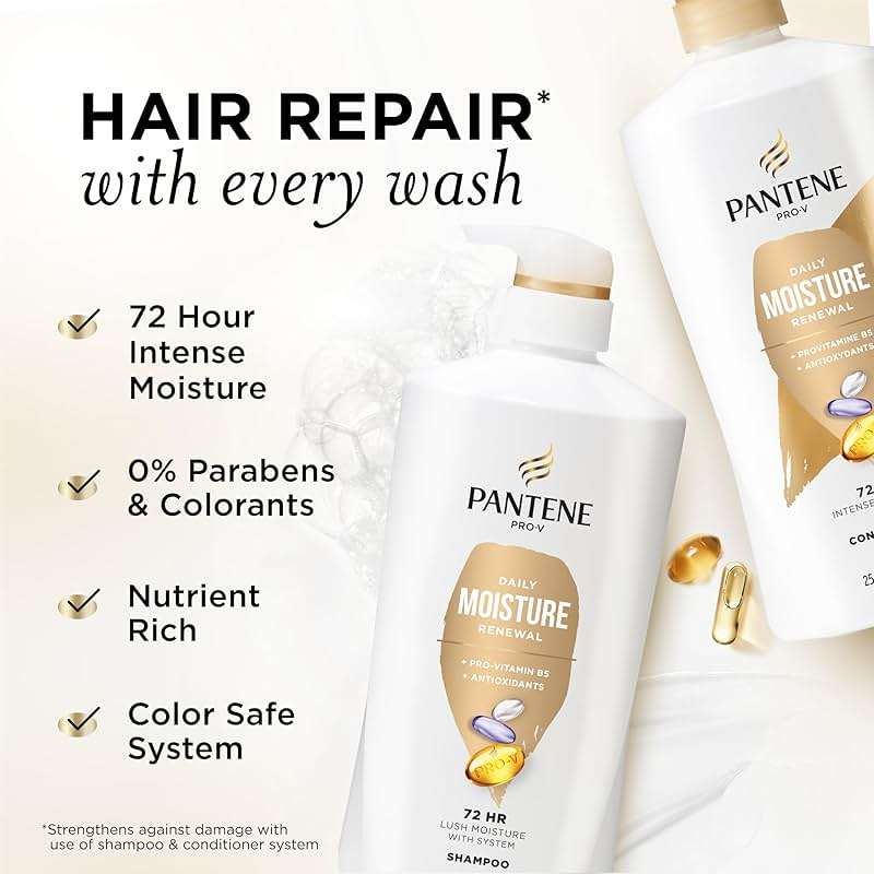 Pantene Shampoo & Conditioner Set, Daily Moisture Renewal - Pro-V Nutrients for Dry, Color-Treated, Straight to Curly Hair, 72-Hour Hydration & Softness, 52.8 Oz Total + Miracle Rescue Shot (0.5 Oz) - Image 2