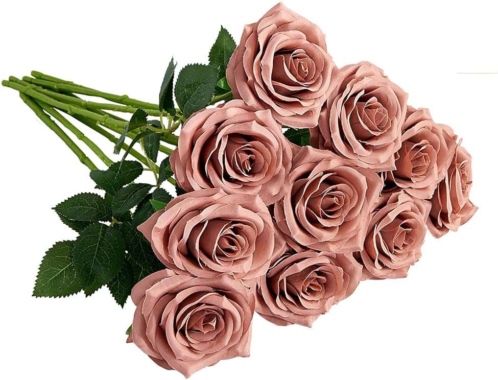 IUKnot Artificial Rose 10pcs Open Flower Bouquet Faux Rose Stems for Wedding Arrangement, Bridal Bouquet, Centerpiece, Fake Faux Silk Flowers (Dusty Rose) - Image 1