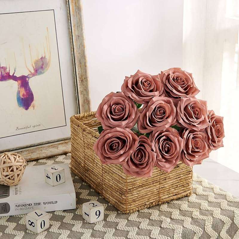 IUKnot Artificial Rose 10pcs Open Flower Bouquet Faux Rose Stems for Wedding Arrangement, Bridal Bouquet, Centerpiece, Fake Faux Silk Flowers (Dusty Rose) - Image 2