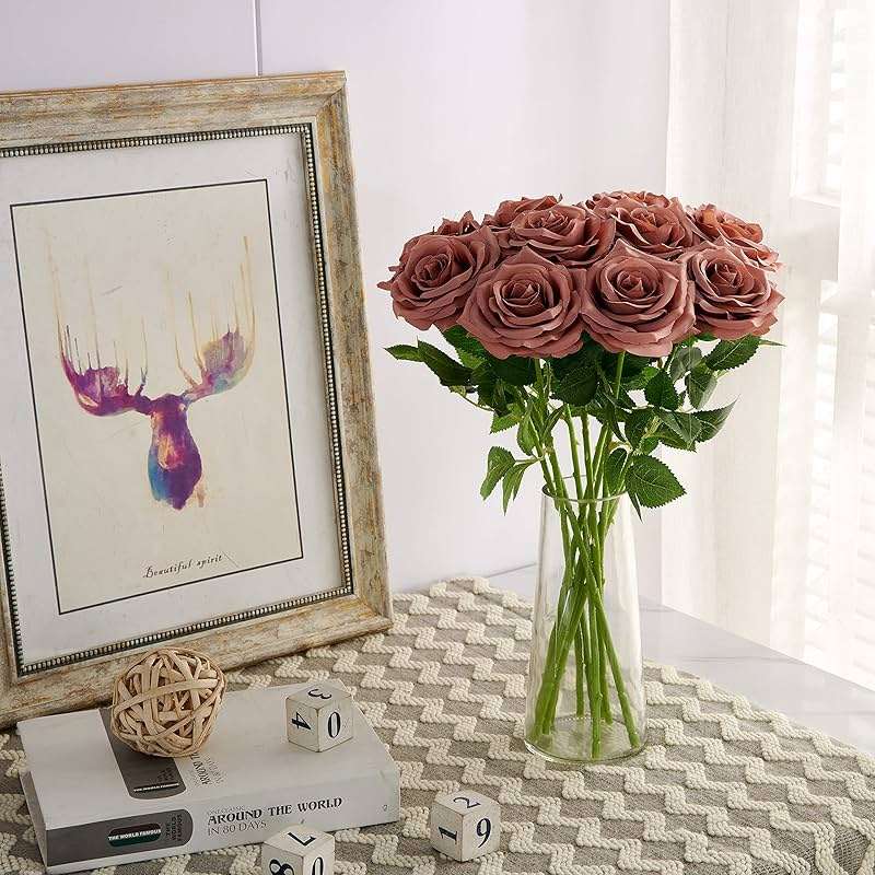 IUKnot Artificial Rose 10pcs Open Flower Bouquet Faux Rose Stems for Wedding Arrangement, Bridal Bouquet, Centerpiece, Fake Faux Silk Flowers (Dusty Rose) - Image 3
