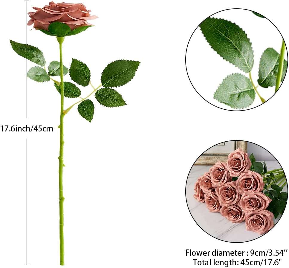 IUKnot Artificial Rose 10pcs Open Flower Bouquet Faux Rose Stems for Wedding Arrangement, Bridal Bouquet, Centerpiece, Fake Faux Silk Flowers (Dusty Rose) - Image 4