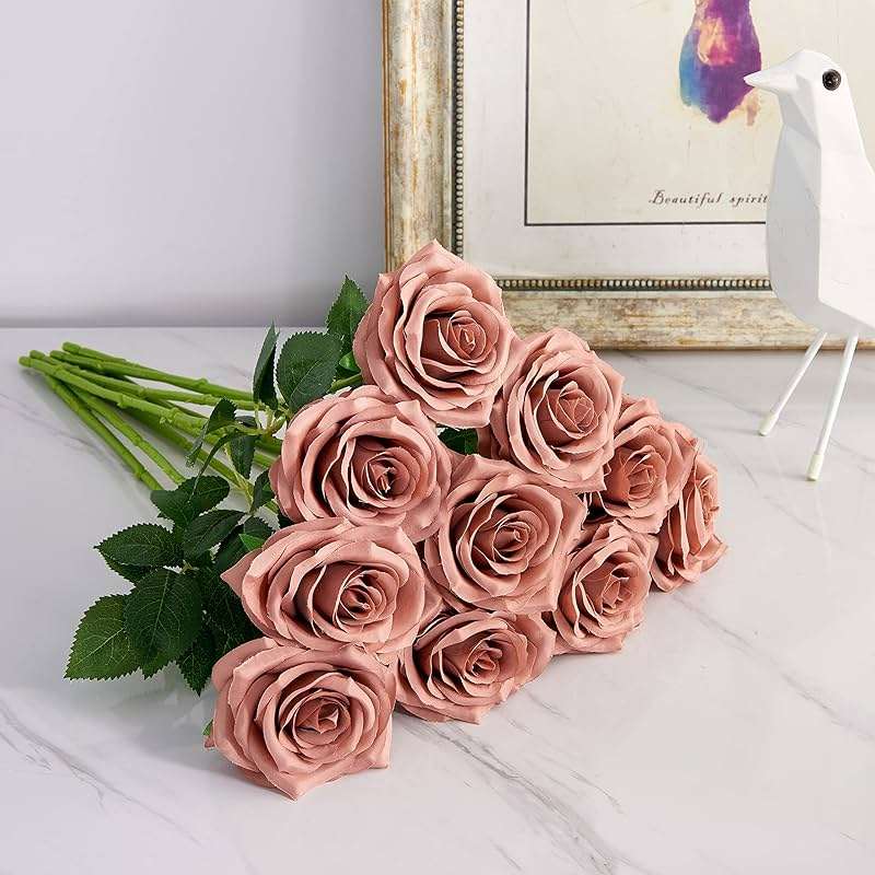 IUKnot Artificial Rose 10pcs Open Flower Bouquet Faux Rose Stems for Wedding Arrangement, Bridal Bouquet, Centerpiece, Fake Faux Silk Flowers (Dusty Rose) - Image 5
