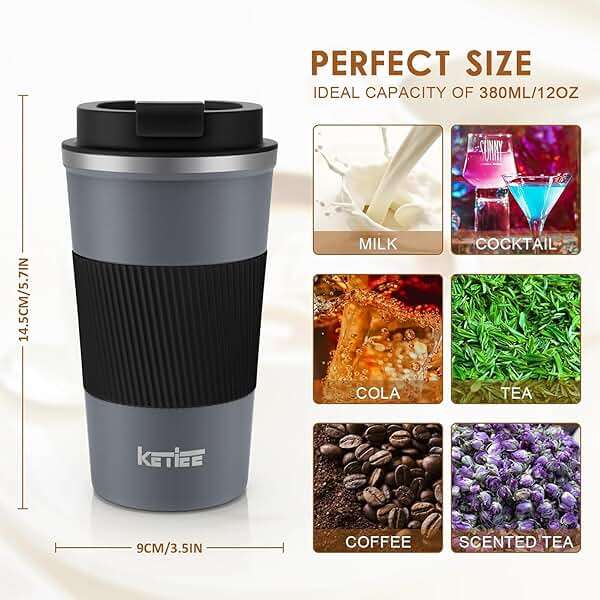KETIEE Travel Coffee Mug Spill Proof 12oz, Insulated Reusable Coffee Cups with Seal Lid, Vacuum Stainless Steel Travel Mug to Go Car Tumbler for Hot/Iced Drinks (Grey) - Image 2