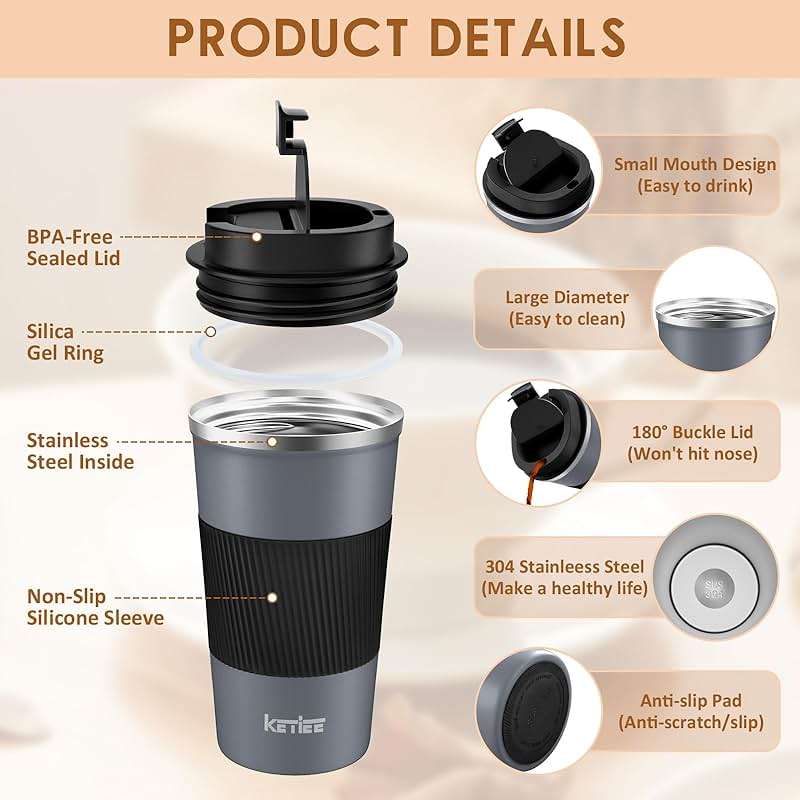 KETIEE Travel Coffee Mug Spill Proof 12oz, Insulated Reusable Coffee Cups with Seal Lid, Vacuum Stainless Steel Travel Mug to Go Car Tumbler for Hot/Iced Drinks (Grey) - Image 3