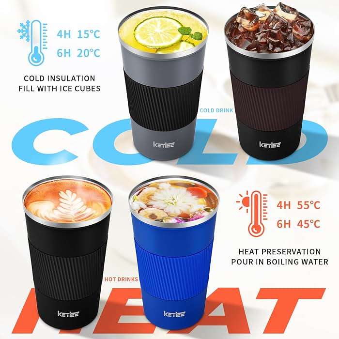 KETIEE Travel Coffee Mug Spill Proof 12oz, Insulated Reusable Coffee Cups with Seal Lid, Vacuum Stainless Steel Travel Mug to Go Car Tumbler for Hot/Iced Drinks (Grey) - Image 4