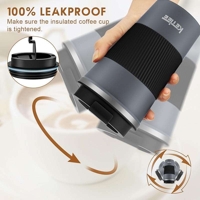 KETIEE Travel Coffee Mug Spill Proof 12oz, Insulated Reusable Coffee Cups with Seal Lid, Vacuum Stainless Steel Travel Mug to Go Car Tumbler for Hot/Iced Drinks (Grey) - Image 5