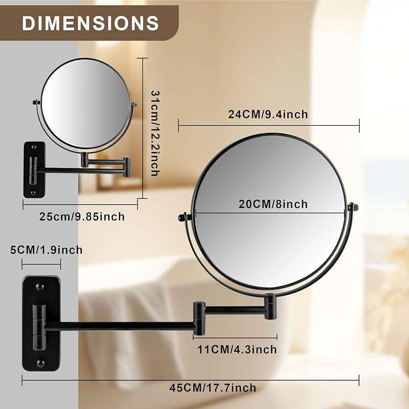 JANEEVA 8" Wall Mounted Makeup Mirror, 1X/10X Magnifying Mirror with 360° Extendable Arm, Double Sided Bathroom Vanity Mirror for Man & Woman (Matte Black) - Image 3