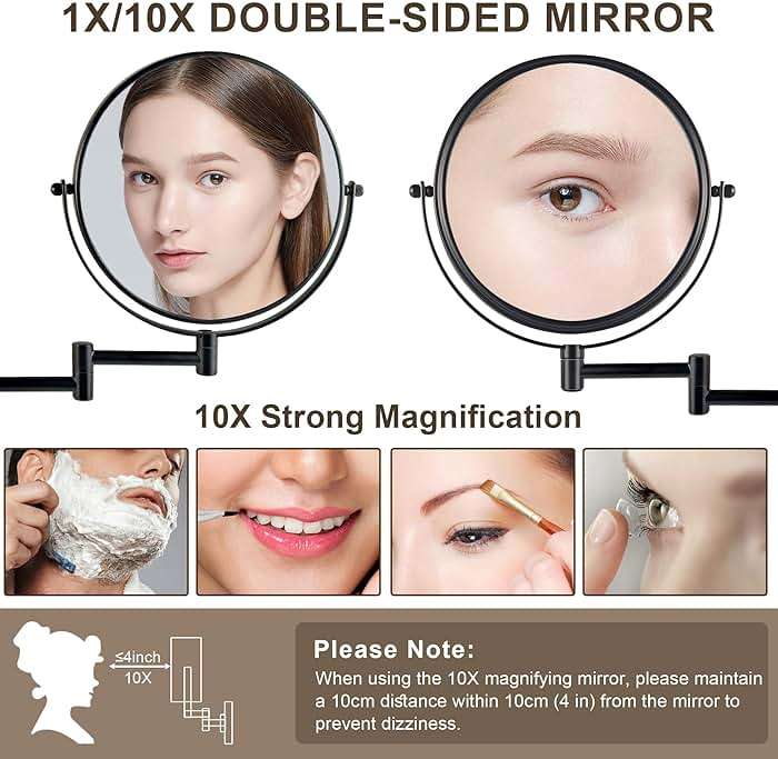 JANEEVA 8" Wall Mounted Makeup Mirror, 1X/10X Magnifying Mirror with 360° Extendable Arm, Double Sided Bathroom Vanity Mirror for Man & Woman (Matte Black) - Image 4