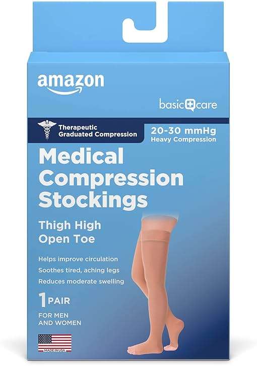 Amazon Basics Medical Compression Stockings, 20-30 mmHg Support, Women & Men Thigh Length Hose, Open Toe, Beige, Medium (Previously Amazon Basic Care) - Image 1