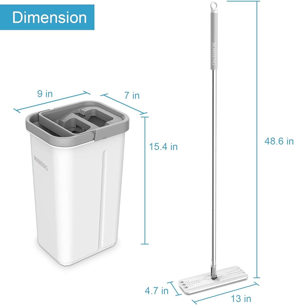 BOSHENG Mop and Bucket with Wringer Set, Hands Free Flat Floor Mop and Bucket, 3 Washable Microfiber Pads Included, Wet and Dry Use, Home Floor Cleaning System for All Floor Types and Windows - Image 2