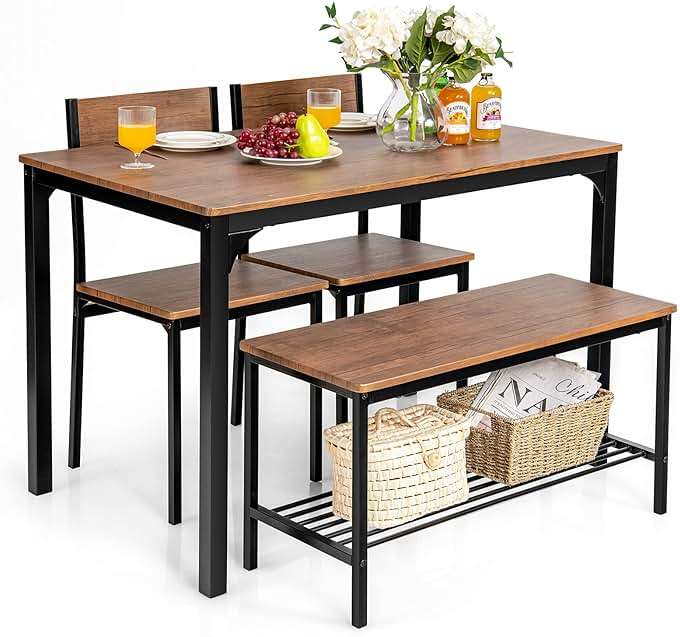 Giantex Dining Table Set for 4, 43" Kitchen Table and Chairs, Dining Bench with Metal Frame & Storage Rack, 4-Piece Modern Functional Desk Set for Dinette, Small Space, Apartment, Restaurant, Walnut - Image 1