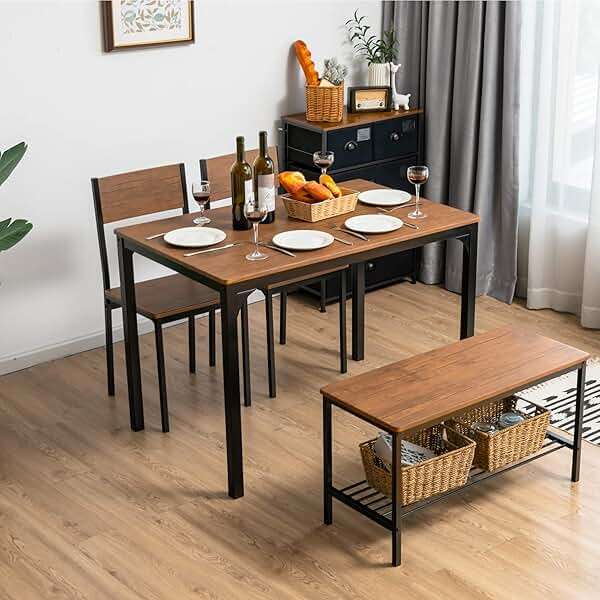 Giantex Dining Table Set for 4, 43" Kitchen Table and Chairs, Dining Bench with Metal Frame & Storage Rack, 4-Piece Modern Functional Desk Set for Dinette, Small Space, Apartment, Restaurant, Walnut - Image 2