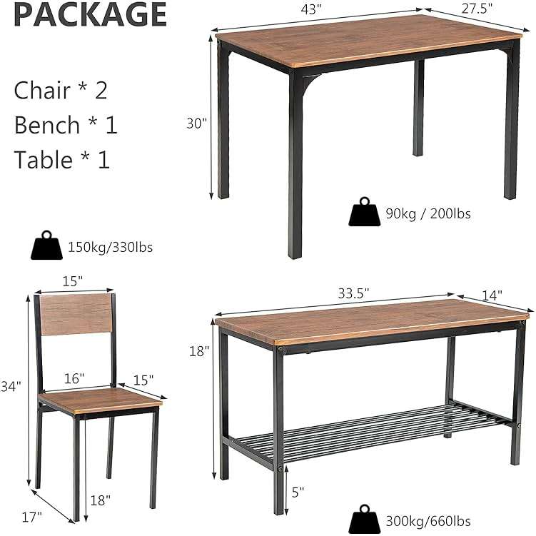 Giantex Dining Table Set for 4, 43" Kitchen Table and Chairs, Dining Bench with Metal Frame & Storage Rack, 4-Piece Modern Functional Desk Set for Dinette, Small Space, Apartment, Restaurant, Walnut - Image 3