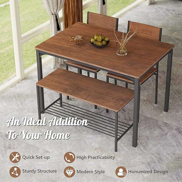 Giantex Dining Table Set for 4, 43" Kitchen Table and Chairs, Dining Bench with Metal Frame & Storage Rack, 4-Piece Modern Functional Desk Set for Dinette, Small Space, Apartment, Restaurant, Walnut - Image 4