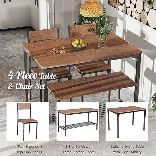 Giantex Dining Table Set for 4, 43" Kitchen Table and Chairs, Dining Bench with Metal Frame & Storage Rack, 4-Piece Modern Functional Desk Set for Dinette, Small Space, Apartment, Restaurant, Walnut - Image 6