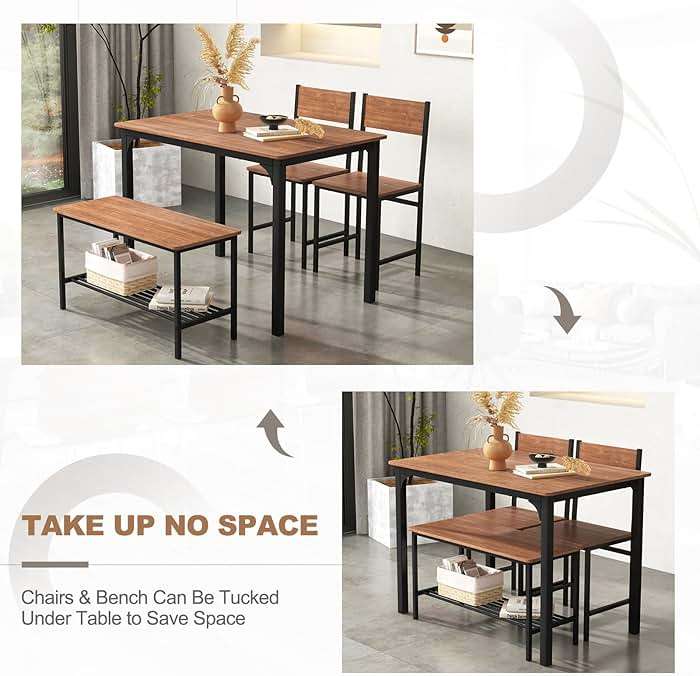 Giantex Dining Table Set for 4, 43" Kitchen Table and Chairs, Dining Bench with Metal Frame & Storage Rack, 4-Piece Modern Functional Desk Set for Dinette, Small Space, Apartment, Restaurant, Walnut - Image 7