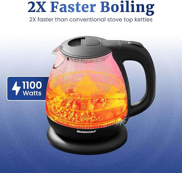 Elite Gourmet EKT1001B Electric 1.0L BPA-Free 1100W Glass Kettle Cordless 360° Base, Stylish Blue LED Interior, Handy Auto Shut-Off Function – Quickly Boil Water For Tea & More, Graphite Black - Image 2