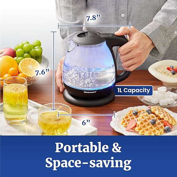 Elite Gourmet EKT1001B Electric 1.0L BPA-Free 1100W Glass Kettle Cordless 360° Base, Stylish Blue LED Interior, Handy Auto Shut-Off Function – Quickly Boil Water For Tea & More, Graphite Black - Image 4