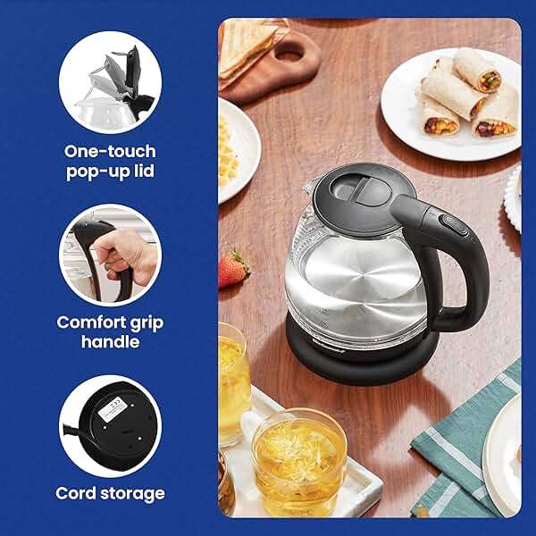 Elite Gourmet EKT1001B Electric 1.0L BPA-Free 1100W Glass Kettle Cordless 360° Base, Stylish Blue LED Interior, Handy Auto Shut-Off Function – Quickly Boil Water For Tea & More, Graphite Black - Image 6