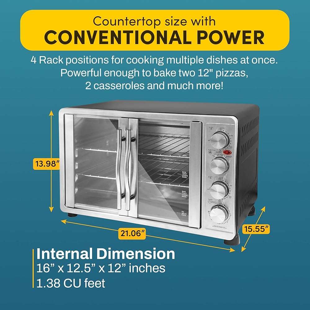 Elite Gourmet ETO4510MX French Door 47.5Qt, 18-Slice Convection Oven 4-Control Knobs, Bake Broil Toast Rotisserie Keep Warm, Includes 2 x 14" Pizza Racks, Stainless Steel - Image 3