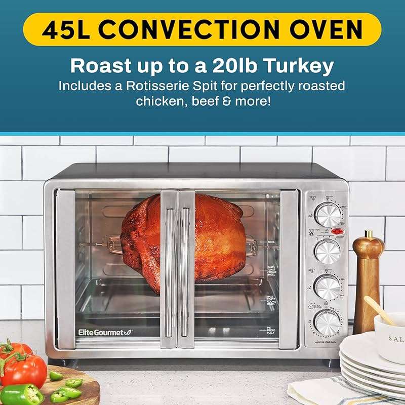 Elite Gourmet ETO4510MX French Door 47.5Qt, 18-Slice Convection Oven 4-Control Knobs, Bake Broil Toast Rotisserie Keep Warm, Includes 2 x 14" Pizza Racks, Stainless Steel - Image 4