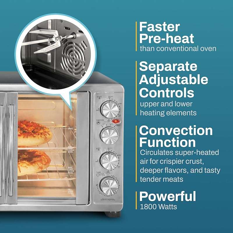 Elite Gourmet ETO4510MX French Door 47.5Qt, 18-Slice Convection Oven 4-Control Knobs, Bake Broil Toast Rotisserie Keep Warm, Includes 2 x 14" Pizza Racks, Stainless Steel - Image 5