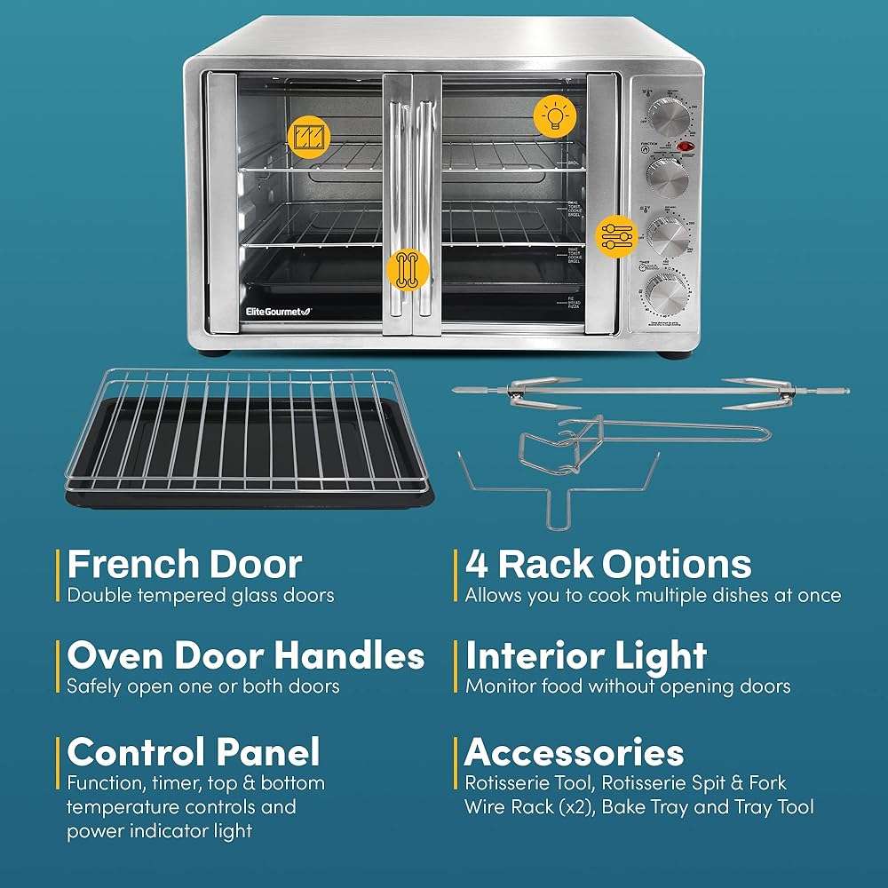 Elite Gourmet ETO4510MX French Door 47.5Qt, 18-Slice Convection Oven 4-Control Knobs, Bake Broil Toast Rotisserie Keep Warm, Includes 2 x 14" Pizza Racks, Stainless Steel - Image 6