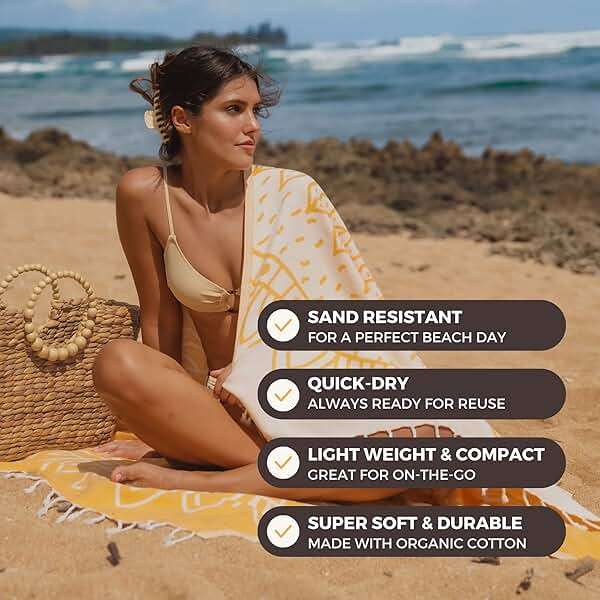 FESHKA Sand Proof Turkish Beach Towel – Oversized, Quick Dry & Lightweight Travel Towel - 100% Organic Cotton Beach Blanket - Perfect for Bath, Pool & Picnic | Sunflower (Yellow) - Image 3