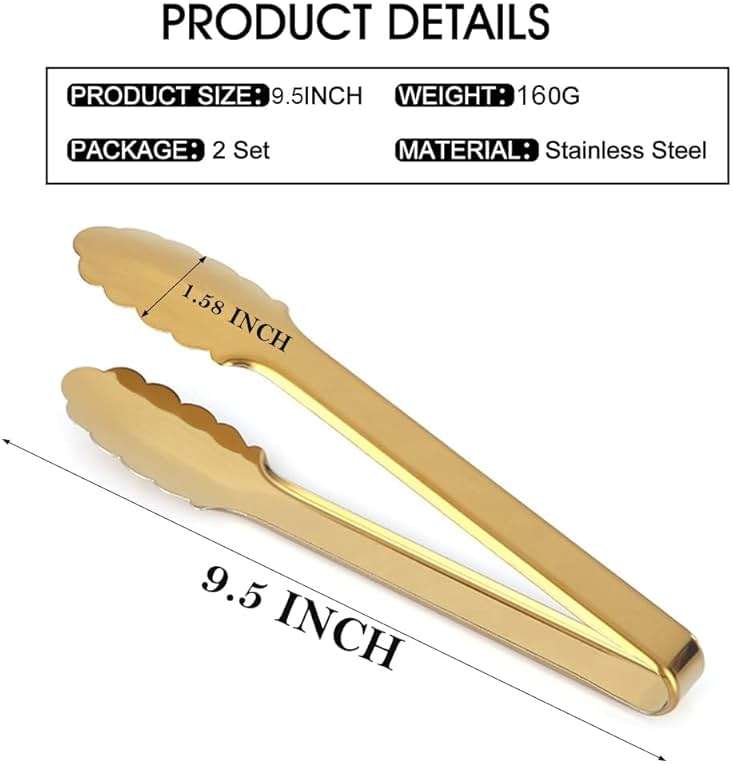 IAXSEE 2 Pack Gold Serving Tongs Gold Serving Utensils Salad Tongs Buffet Tongs Non-slip & Easy Grip Stainless Steel Gold Plated Buffet Serving Tongs, Salad, Ice, Oven (9.5 Inch) (Gold) - Image 3