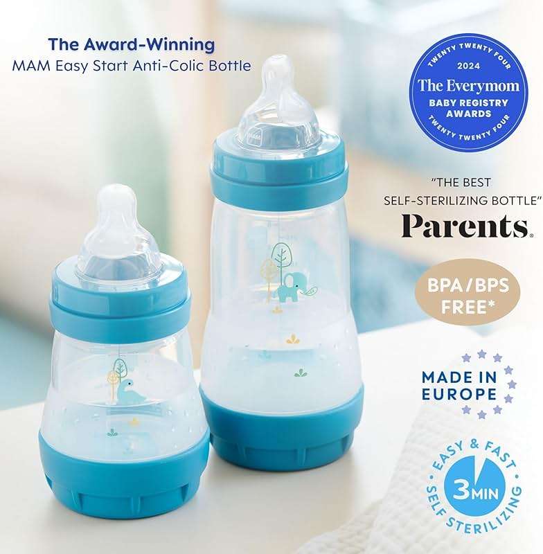 MAM 9oz Easy Start Anti-Colic+ Wide Neck Vented Baby Bottle, Medium Flow Breastfeeding-Like Nipple, Reduces Colic Gas & Reflux, Easy to Clean, BPA Free, 2+ Months, Made in Europe, 2 Pack, Unisex - Image 3