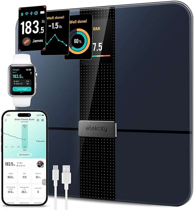 Etekcity FSA&HSA Eligible Smart Scale for Body Weight Fat, Digital Weighing Machine for Accurate BMI Muscle Mass Composition, Apple Health Compatible Fitness Equipment,TFT,‎Tempered Glass,Black - Image 1