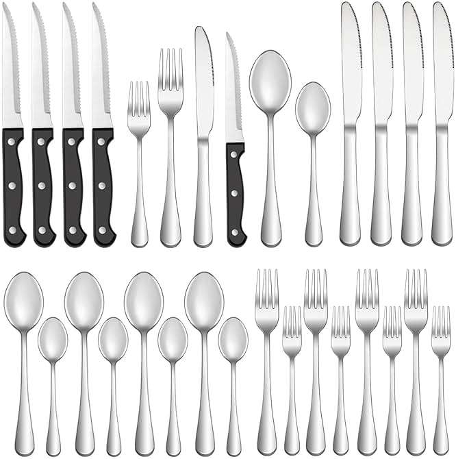 24 Pcs Silverware Set with Steak Knives for 4, Stainless Steel Flatware Set, Mirror Polished Cutlery Utensil Sets, Home Kitchen Eating Tableware, Dishwasher Safe - Image 1